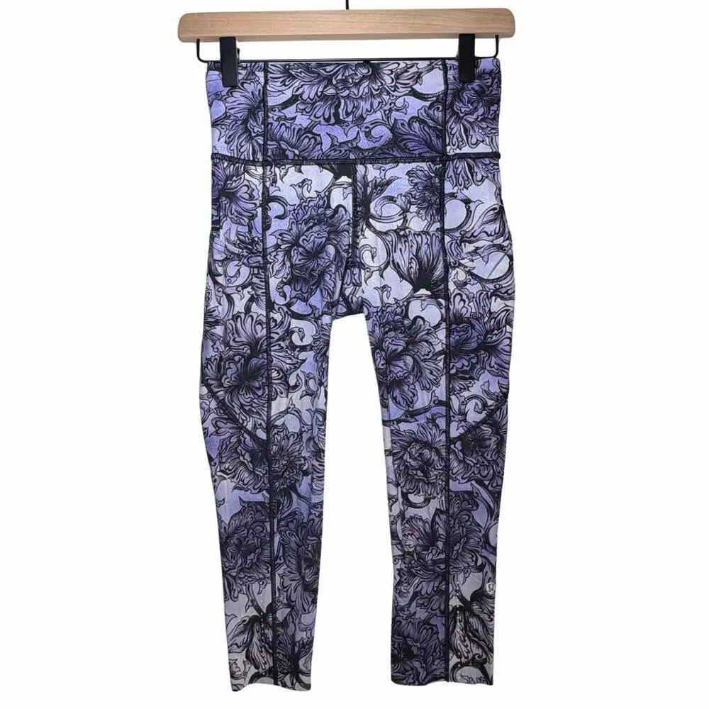 Lululemon Fast Free Hanakotoba Starlight Crop II Purple Floral Leggings Run 4